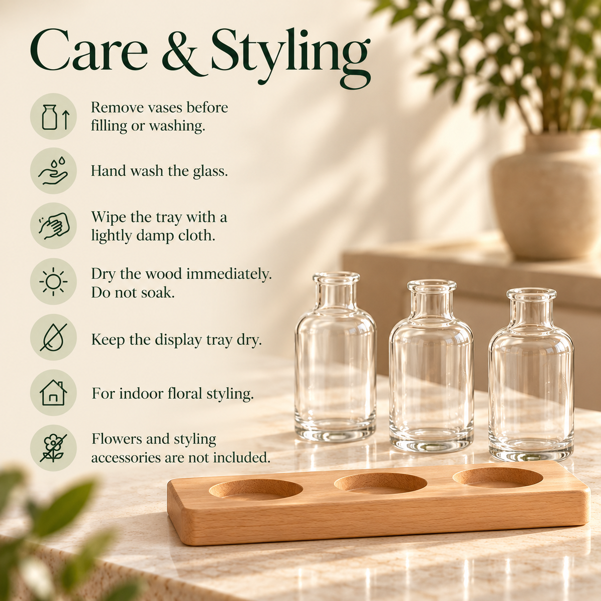 LURSEQIA™ Link Glass Bud Vase Trio with Wood Tray — 3 Small Flower Vases for Dining Tables, Desks & Narrow Shelves
