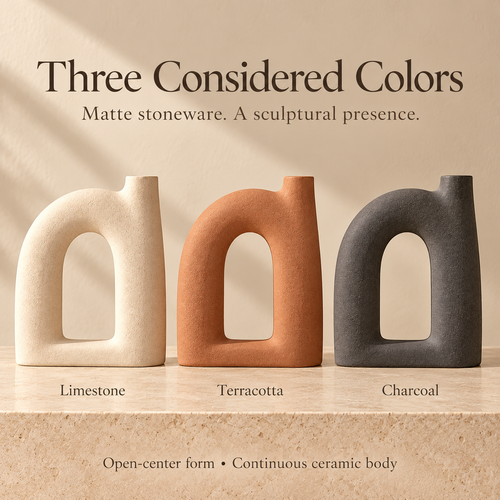 LURSEQIA™ Arc Sculptural Ceramic Vase — Open-Center Arch Flower Vase for Dried Stems, Shelves & Modern Console Decor
