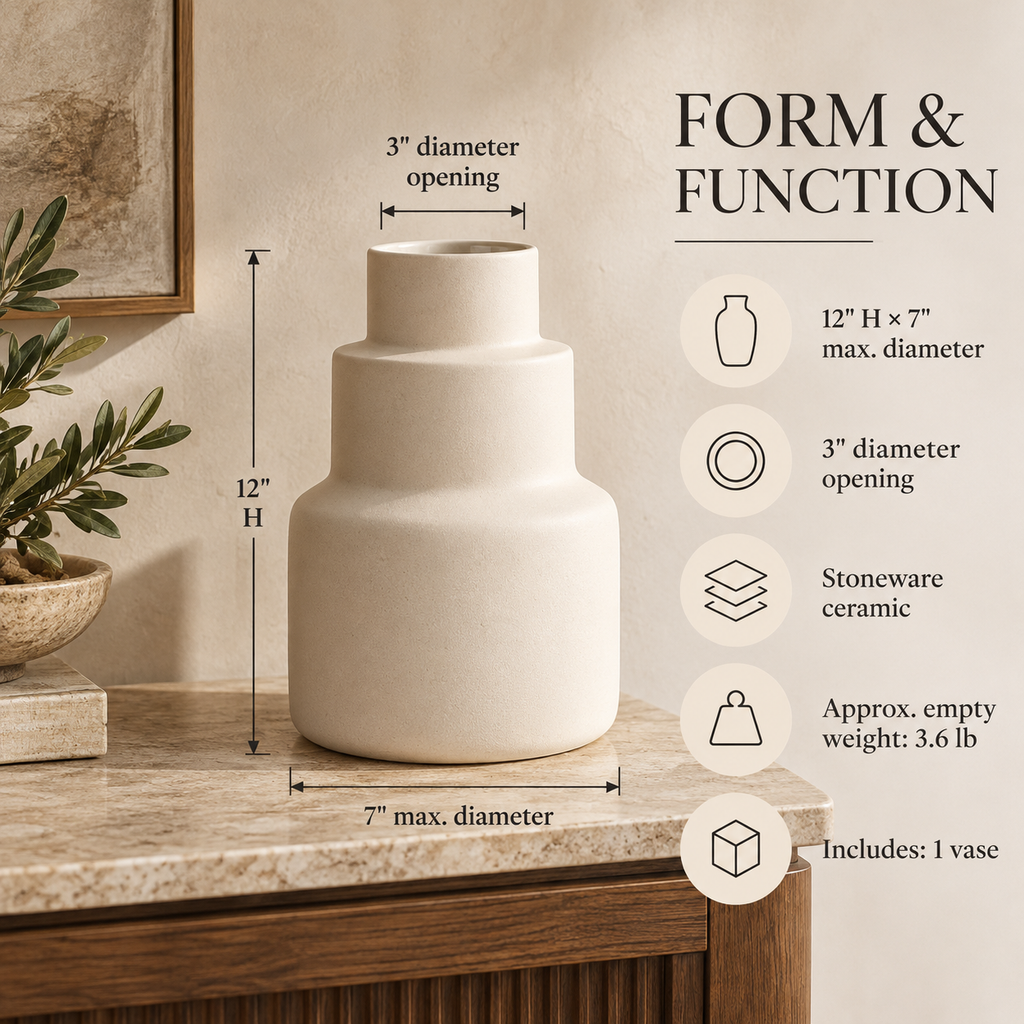 LURSEQIA™ Terrace Stepped Ceramic Vase — Tiered Stoneware Flower Vase for Entryway Consoles, Sideboards & Statement Decor