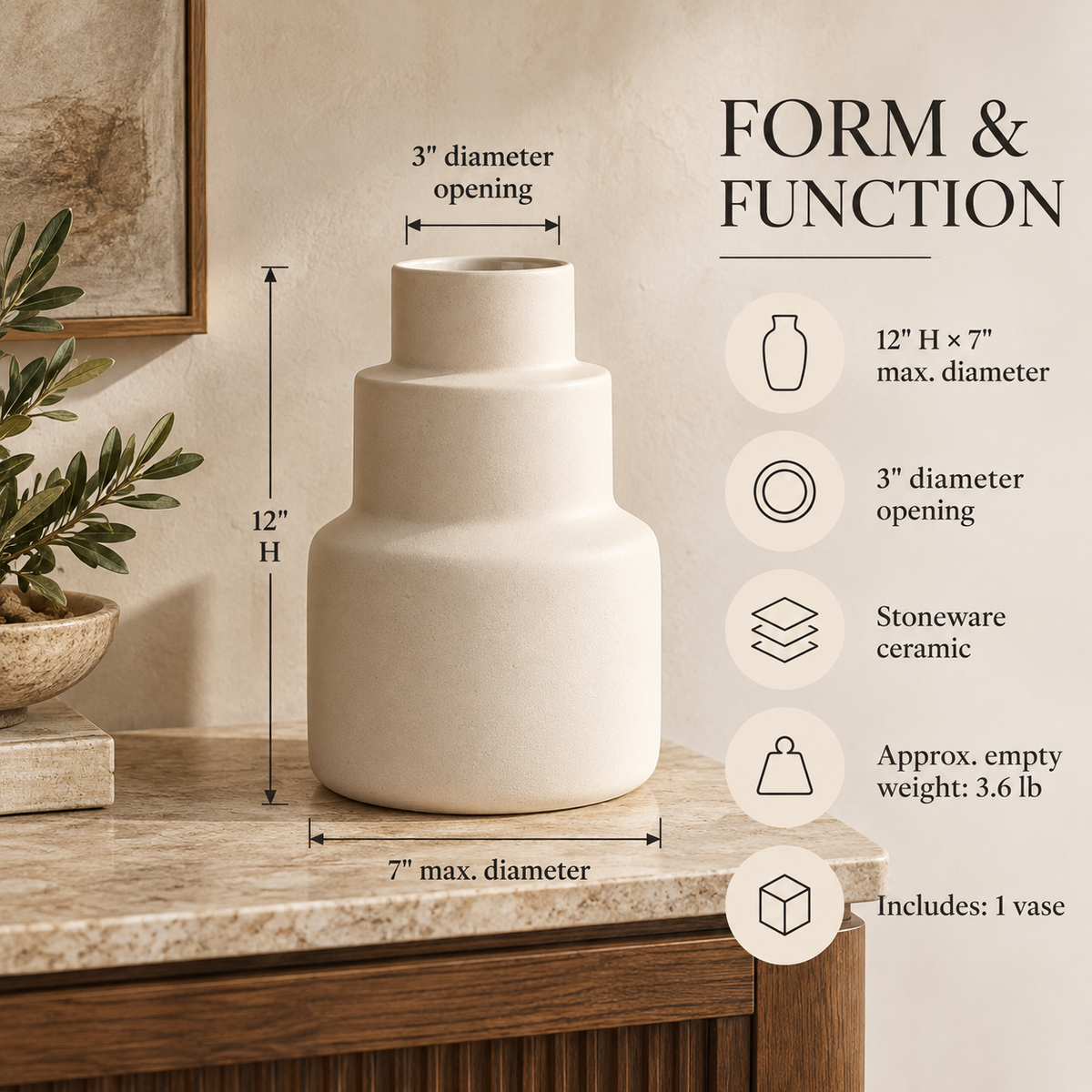 LURSEQIA™ Terrace Stepped Ceramic Vase — Tiered Stoneware Flower Vase for Entryway Consoles, Sideboards & Statement Decor