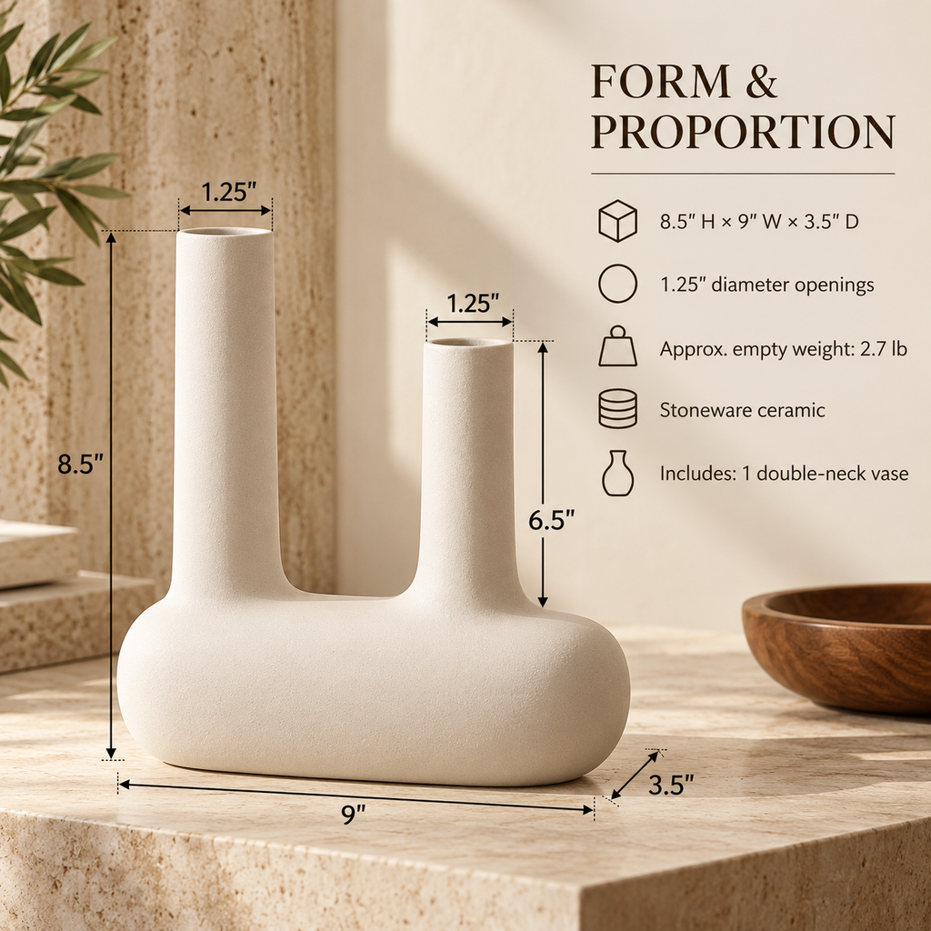 LURSEQIA™ Span Double-Neck Ceramic Vase — Sculptural Two-Opening Stoneware Flower Vase for Modern Tabletop Arrangements
