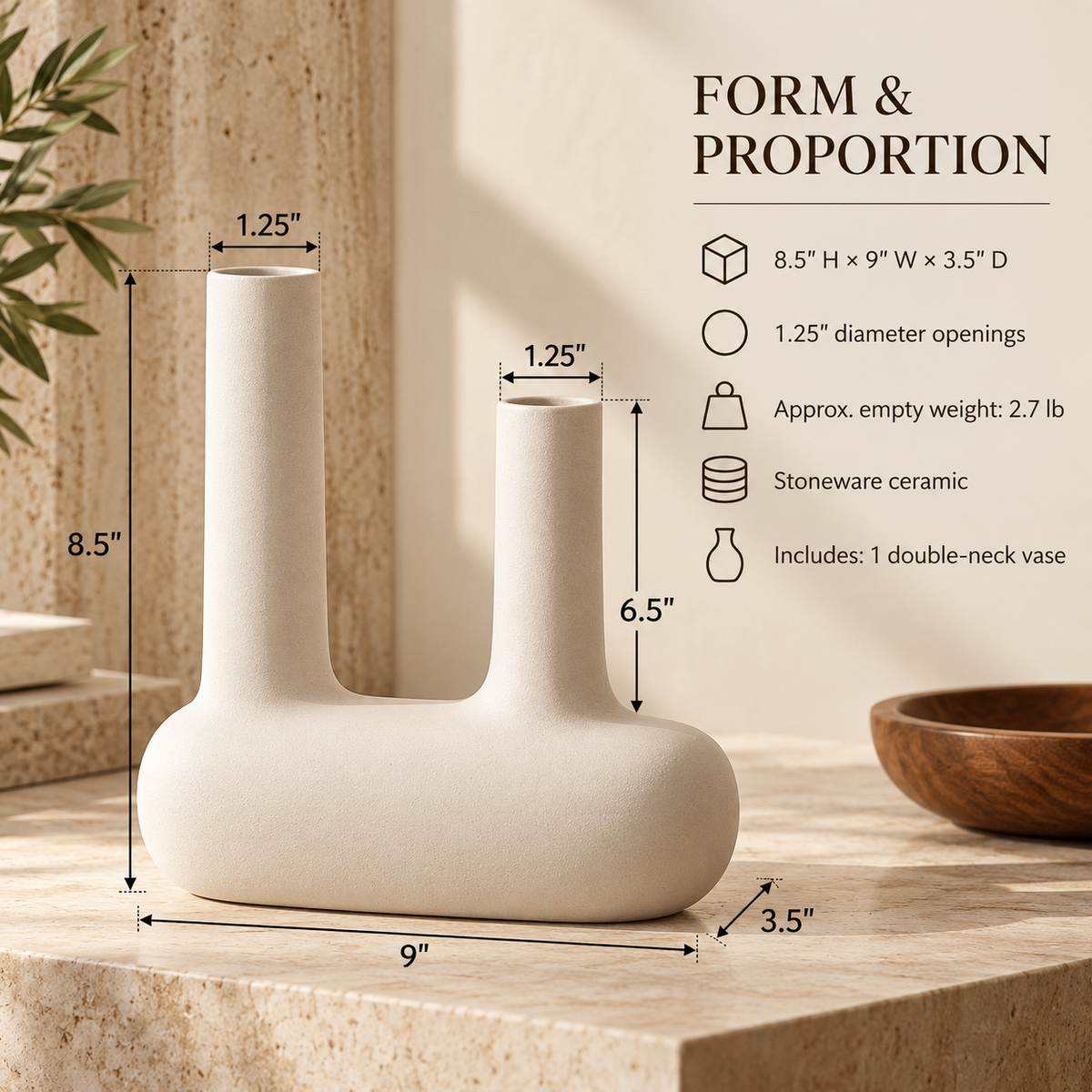 LURSEQIA™ Span Double-Neck Ceramic Vase — Sculptural Two-Opening Stoneware Flower Vase for Modern Tabletop Arrangements