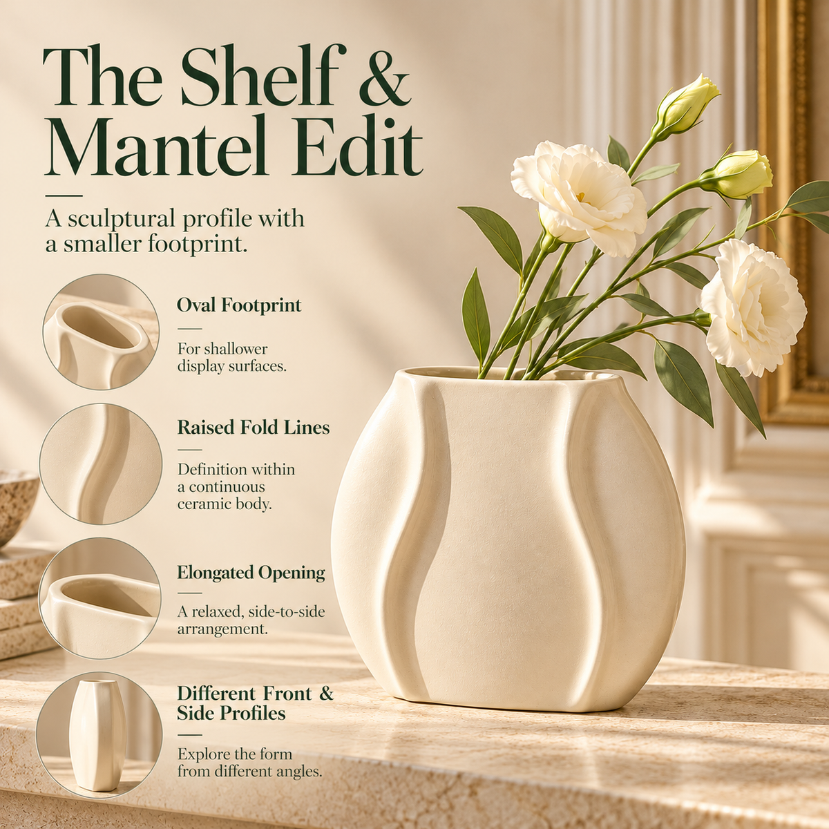 LURSEQIA™ Fold Oval Ceramic Vase — Narrow-Depth Stoneware Flower Vase for Mantels, Shelves & Small Console Tables