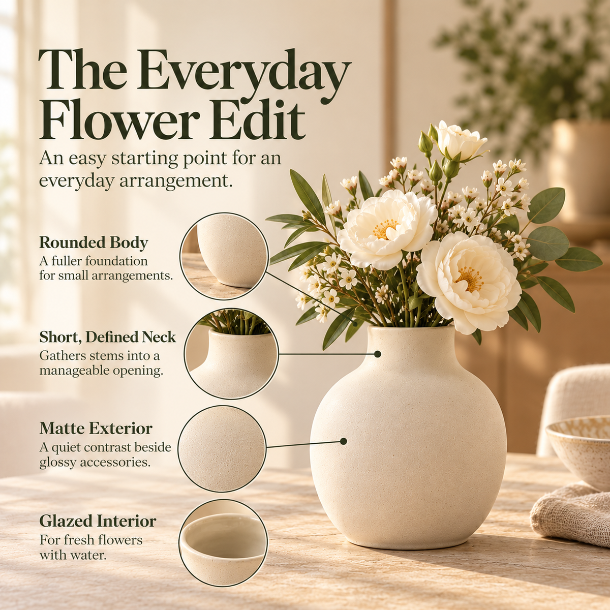 LURSEQIA™ Cove Rounded Ceramic Vase — Matte Stoneware Flower Vase for Dining Tables, Shelves & Entryway Decor