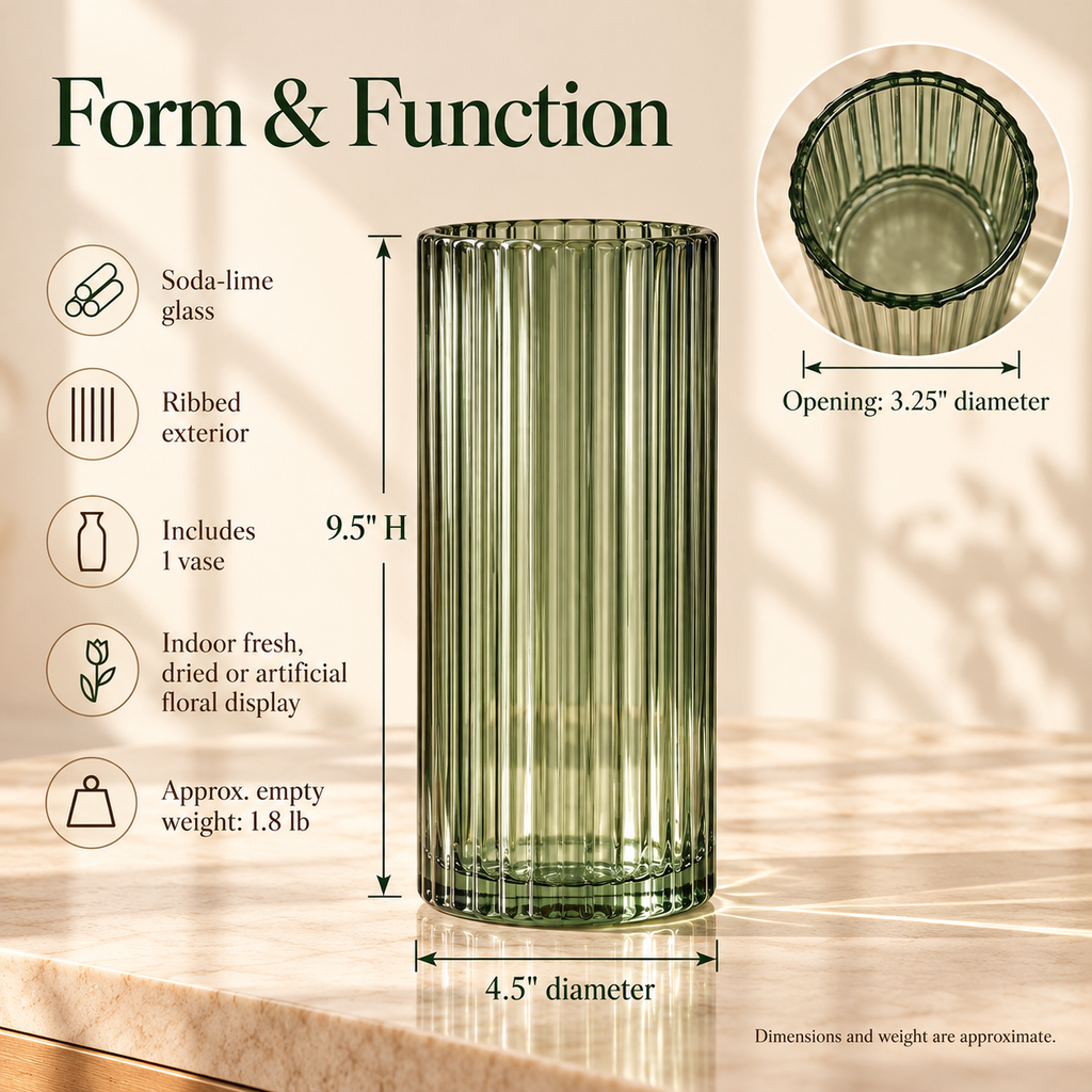 LURSEQIA™ Reed Ribbed Glass Vase — Tall Fluted Flower Vase for Fresh Bouquets, Dining Tables & Console Decor