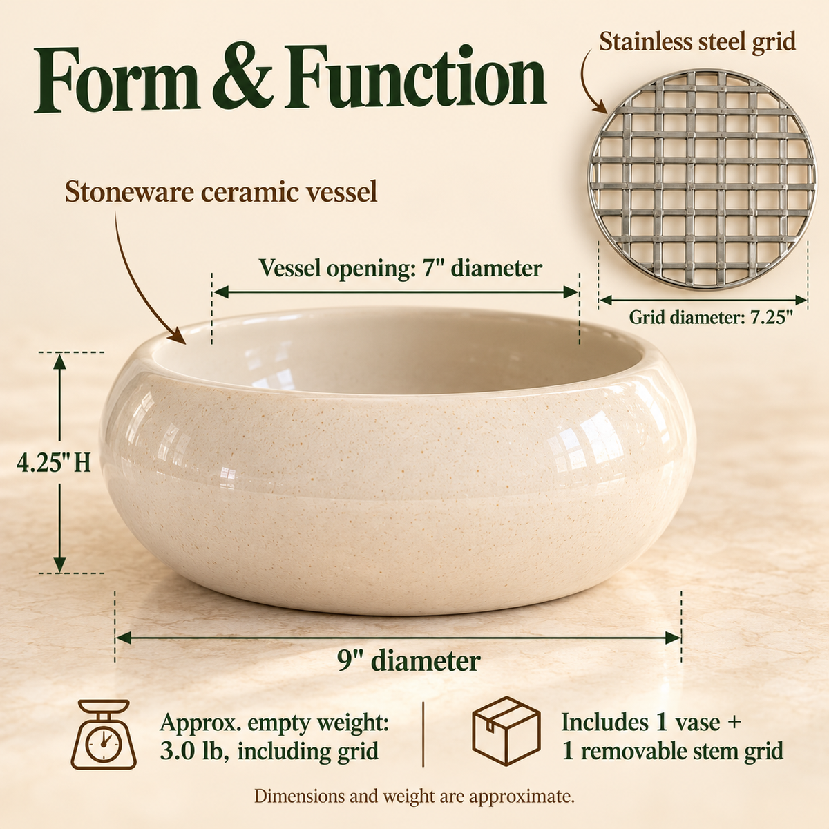 LURSEQIA™ Basin Low Wide Ceramic Vase — Stoneware Floral Centerpiece with Removable Stem Grid for Dining & Coffee Tables